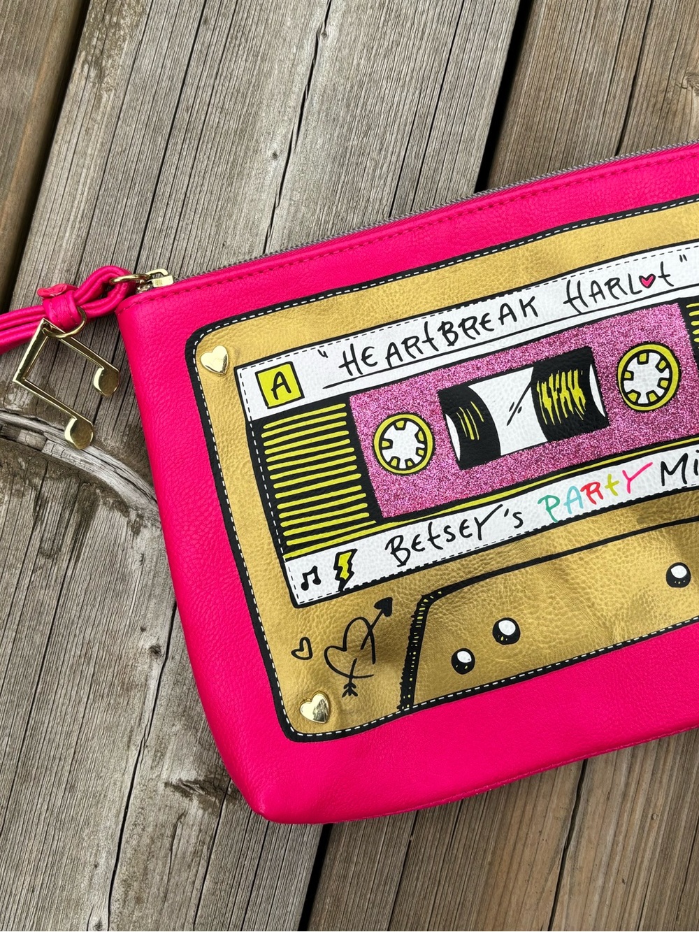 Betsey Johnson Hot Pink and Gold Cassette Wristlet